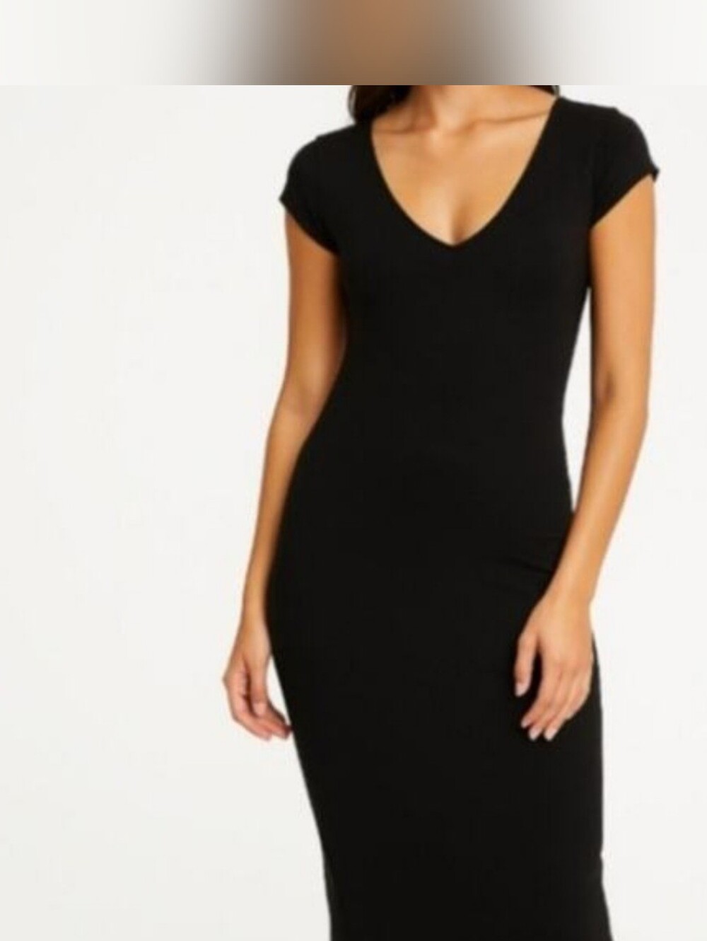 See You Monday Black V-Neck Cap Sleeve Bodycon Midi Dress - Size Small